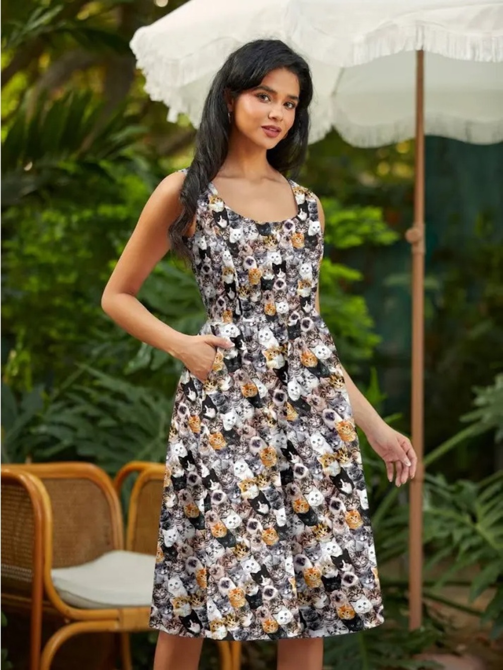 Retrolicious Sleeveless Cat-Print Midi Dress in Black, White & Tan